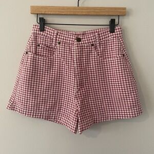 Vintage Red Gingham Plaid Denim High Waisted Shorts Sz 26 90s Cottage Preppy USA